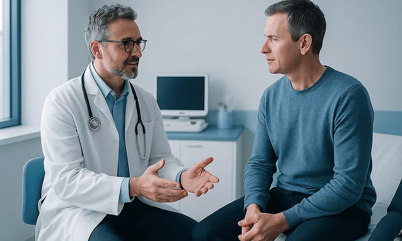 Doctor consulting with patient in a medical office.