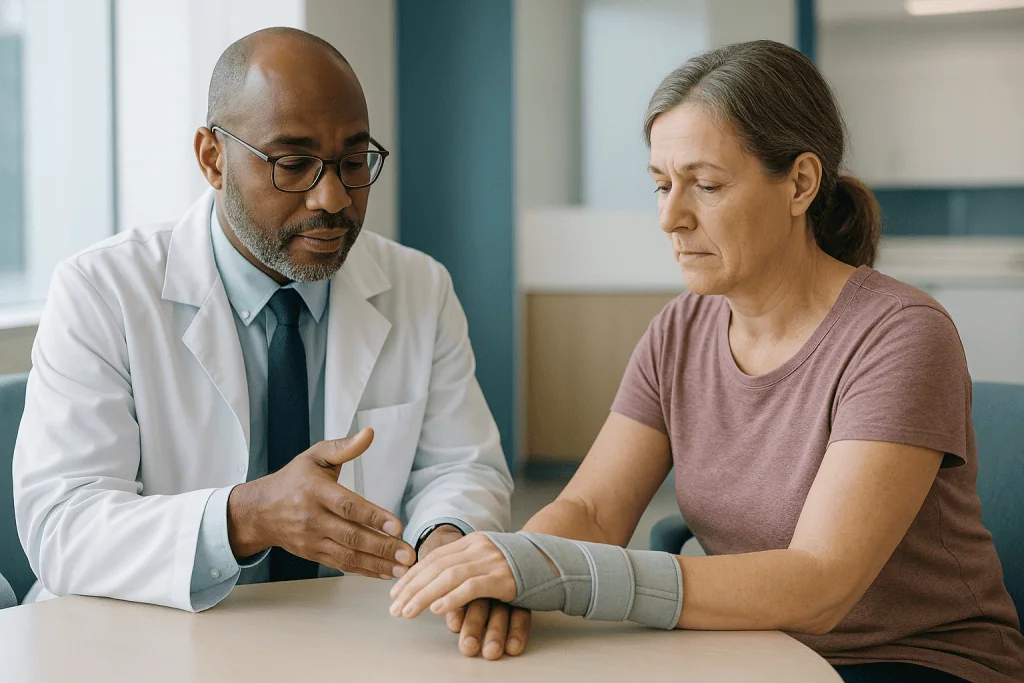 Doctor examining patient's wrist or arm injury: How long does tenosynovitis last? The honest range clinicians give