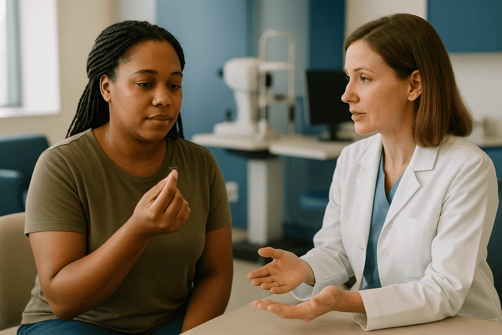 Doctor consulting with patient in clinical office setting: How long to stop wearing contacts before LASIK: typical ranges by