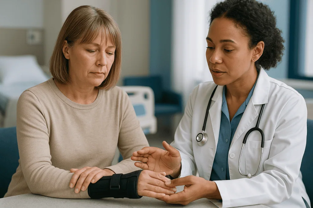 Doctor examining patient's wrist or arm with brace: How long to wear a splint for tenosynovitis without creating a new probl