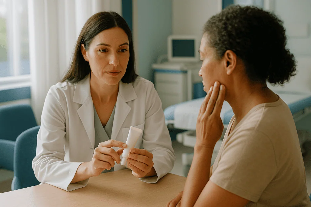 Doctor consulting patient in clinical office setting: How long will a retinol purge last?