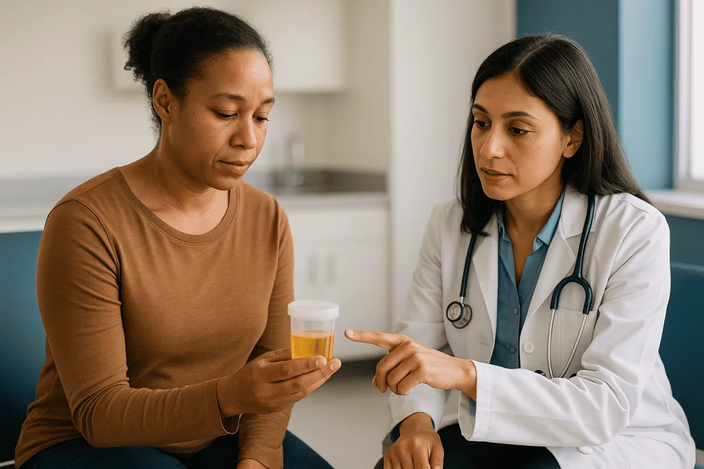Doctor discussing urine test results with patient: How lupus actually damages the kidney's filters