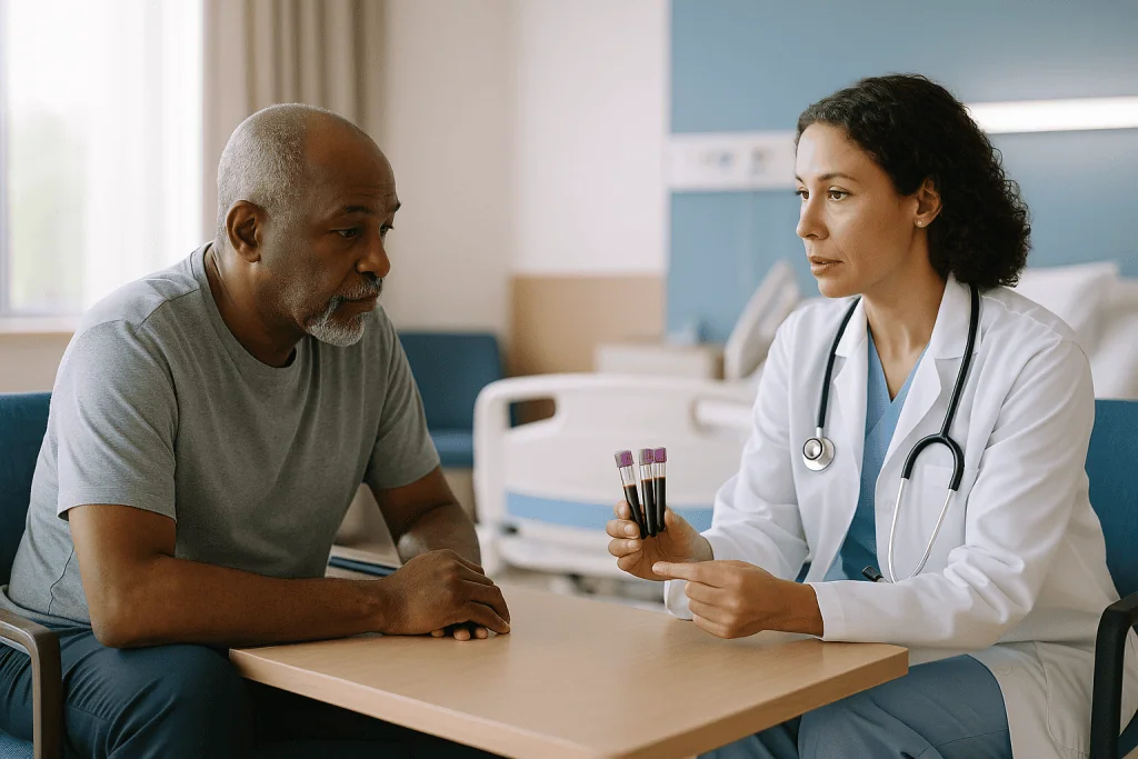 Doctor consulting patient, showing blood samples: How many blood cultures are needed for endocarditis?