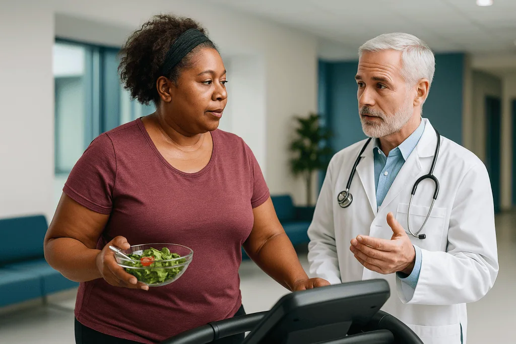 Doctor consulting patient holding salad bowl: How many calories does the 12-3-30 workout burn?