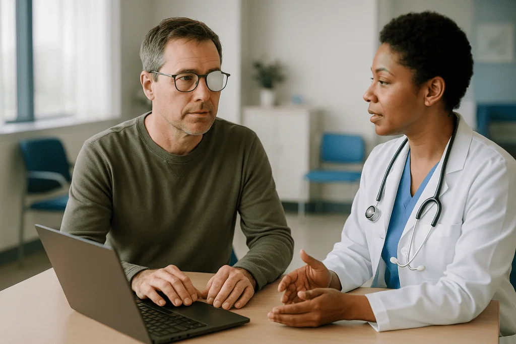 Doctor and patient in consultation with laptop: How many days after PRK can I work? Matching time off to your job