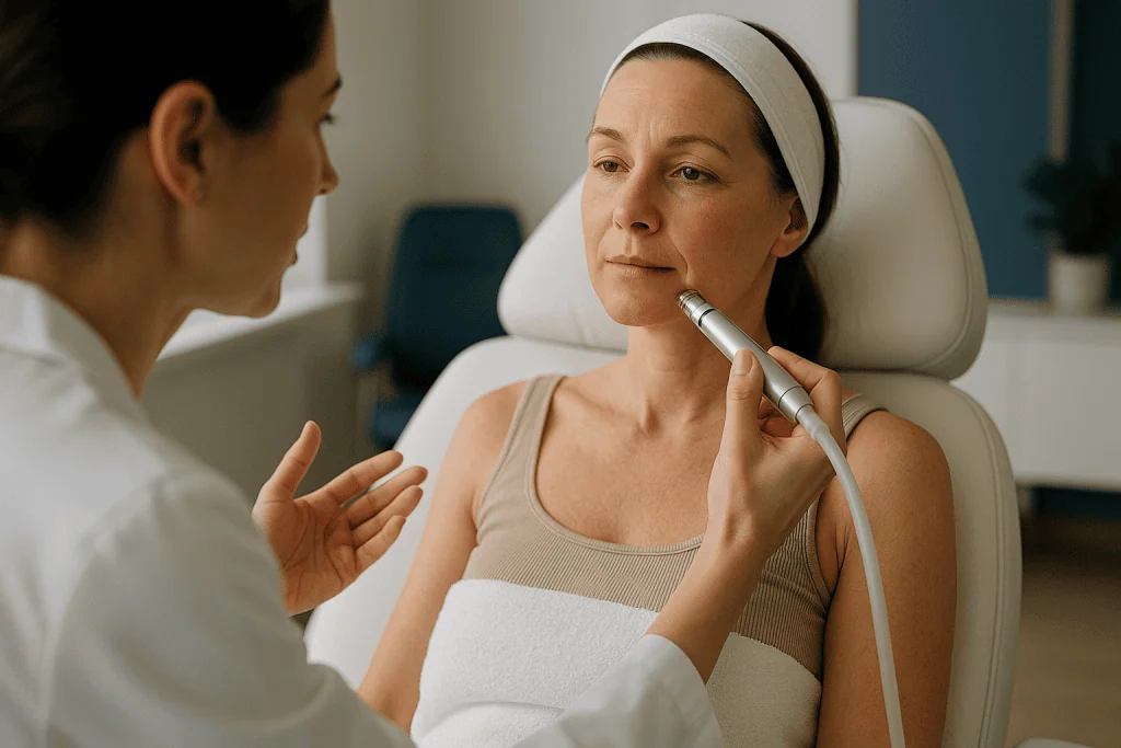 Dermatologist examining patient's facial skin with handheld device: How many layers of skin does microdermabrasion remove?