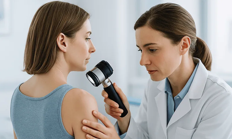 Dermatologist examines patient's skin with a dermatoscope for melanoma detection.