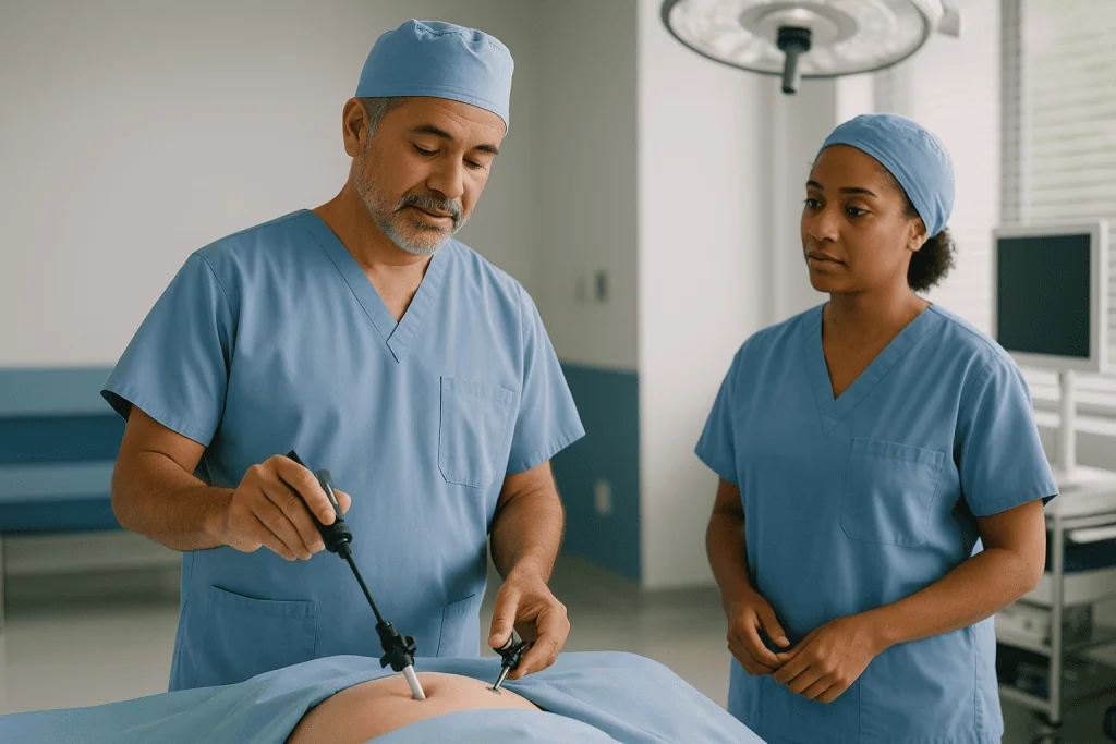 Surgeon demonstrating minimally invasive endoscopic procedure to colleague: How minimally invasive urologic surgery actually