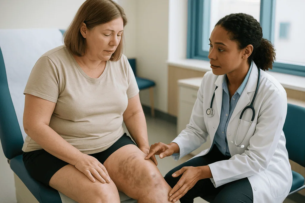 Doctor examining patient's leg for swelling and bruising: How much bruising is normal after lipedema liposuction?