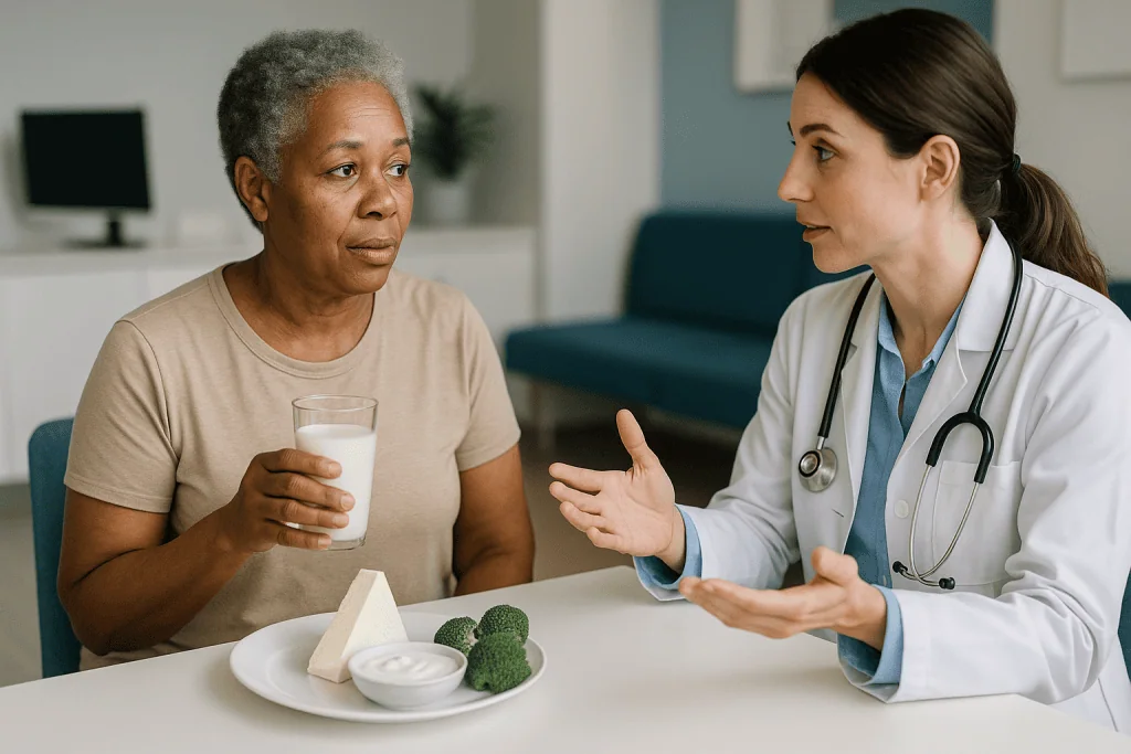 Doctor consulting patient about nutrition and dietary intake: How much calcium per day do you actually need?