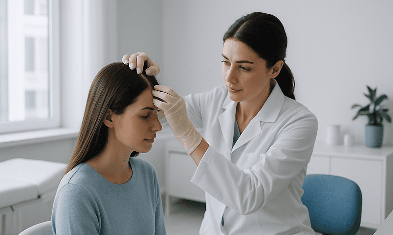 Dermatologist examines woman's scalp for hair loss assessment.