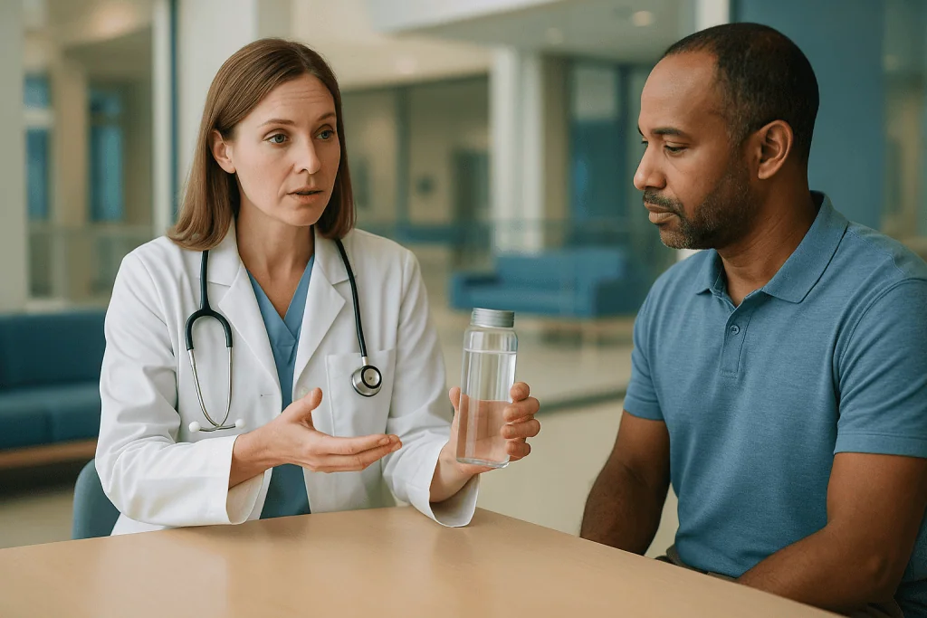 Doctor consulting patient holding water glass: How much hydrogen is in 1 kg of water?