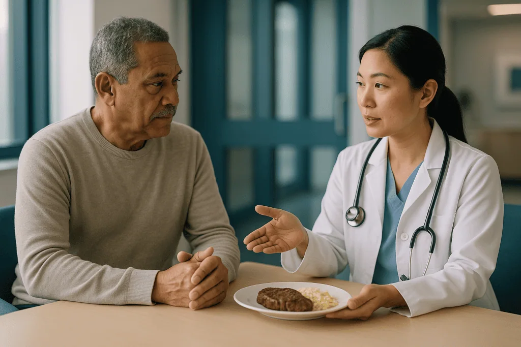 Doctor discussing diet and nutrition with mature patient: How much red meat is too much? What the guidelines actually recomm