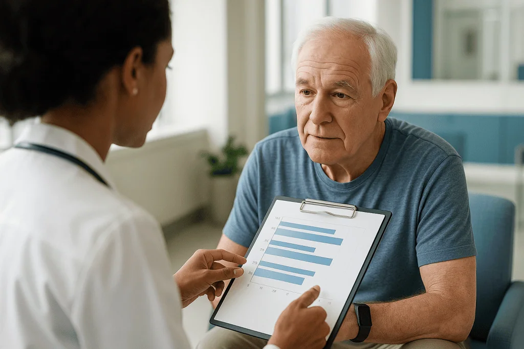 Healthcare provider reviewing medical charts with patient: How much REM sleep do you need as you get older? Normal REM by ag