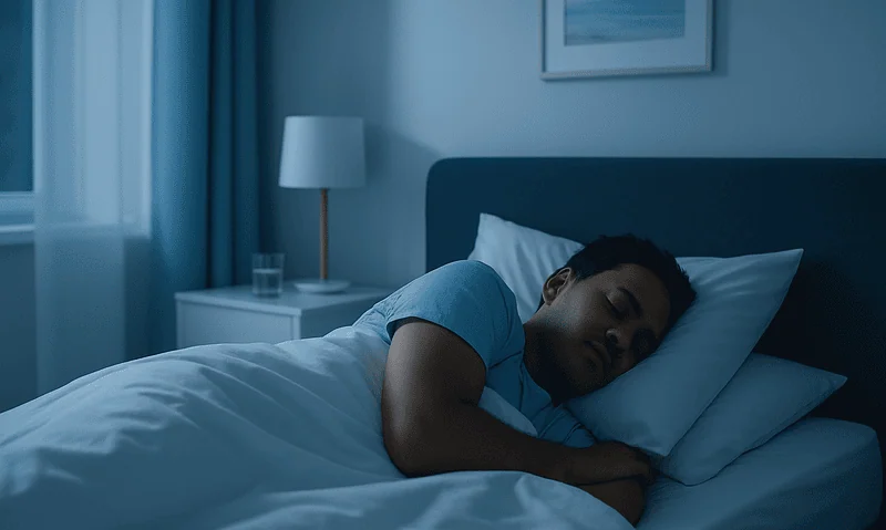 Young man sleeping peacefully in a modern bedroom at night.