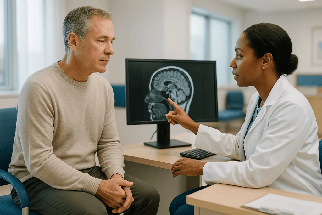 Doctor explaining brain MRI scan to middle-aged patient: How often is a pituitary MRI needed in long-term acromegaly care?
