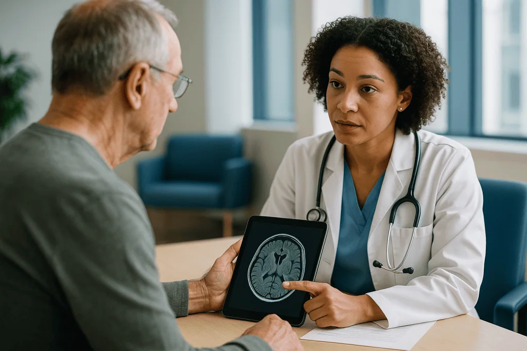 Doctor reviewing brain MRI scan with elderly patient: How often should you have an MRI after pituitary tumor treatment?
