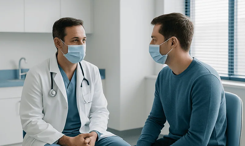 Doctor and patient wearing masks during consultation at Acibadem Hospital.