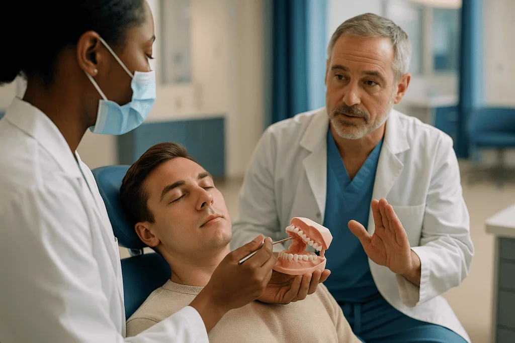 Dentist demonstrating dental model to patient and colleague: How oral surgeons train: the path from dental school to the ope