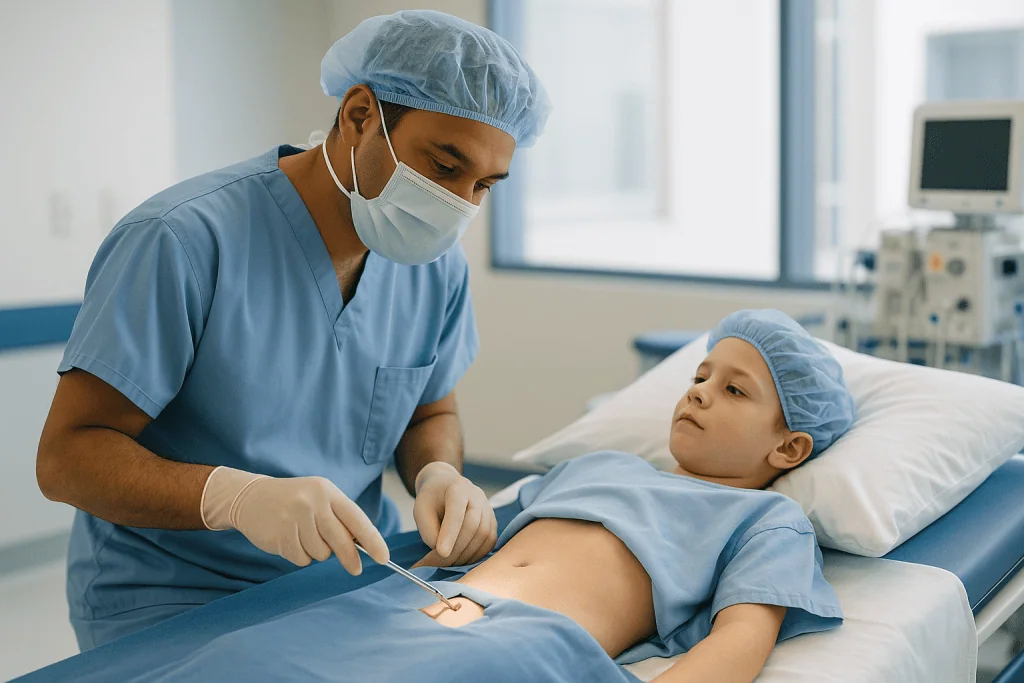 Pediatric surgeon examining child's abdomen in OR: How orchiopexy works: what happens in the operating room