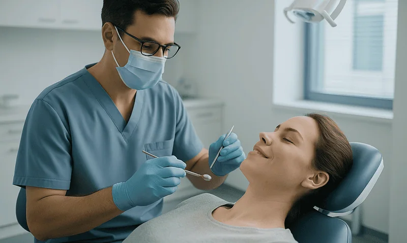 Dentist performing dental examination on a patient in a clinic setting.