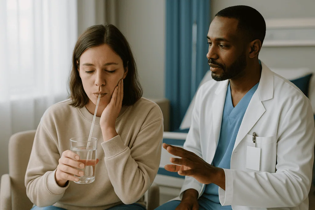 Doctor consulting patient with glass of water indoors: How painful is buccal fat removal recovery?
