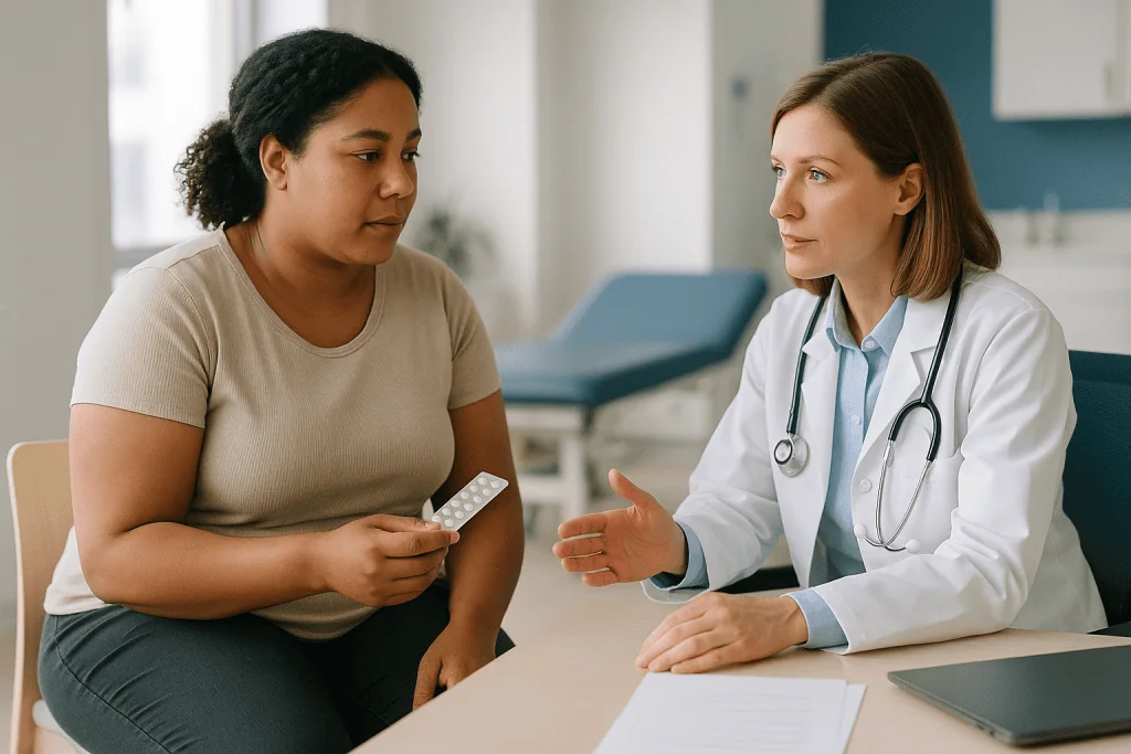 Doctor consulting patient holding medication blister pack: How PCOS treatment works: what is actually being changed in the b