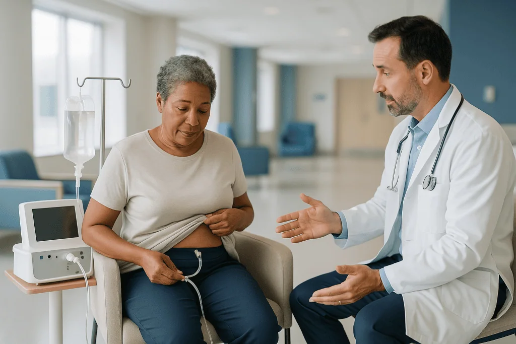 Doctor consulting patient in clinical setting with monitoring equipment: How peritoneal dialysis actually works, and why the