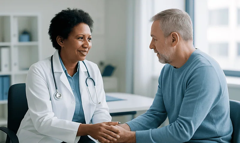 Doctor and patient shaking hands in a medical consultation room.