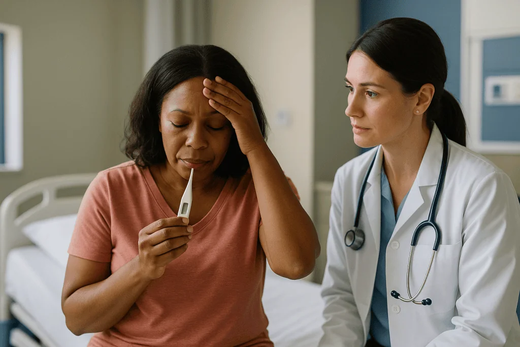 Adult patient with thermometer consulting female doctor: How quickly does the fever settle after treatment, and what if it c
