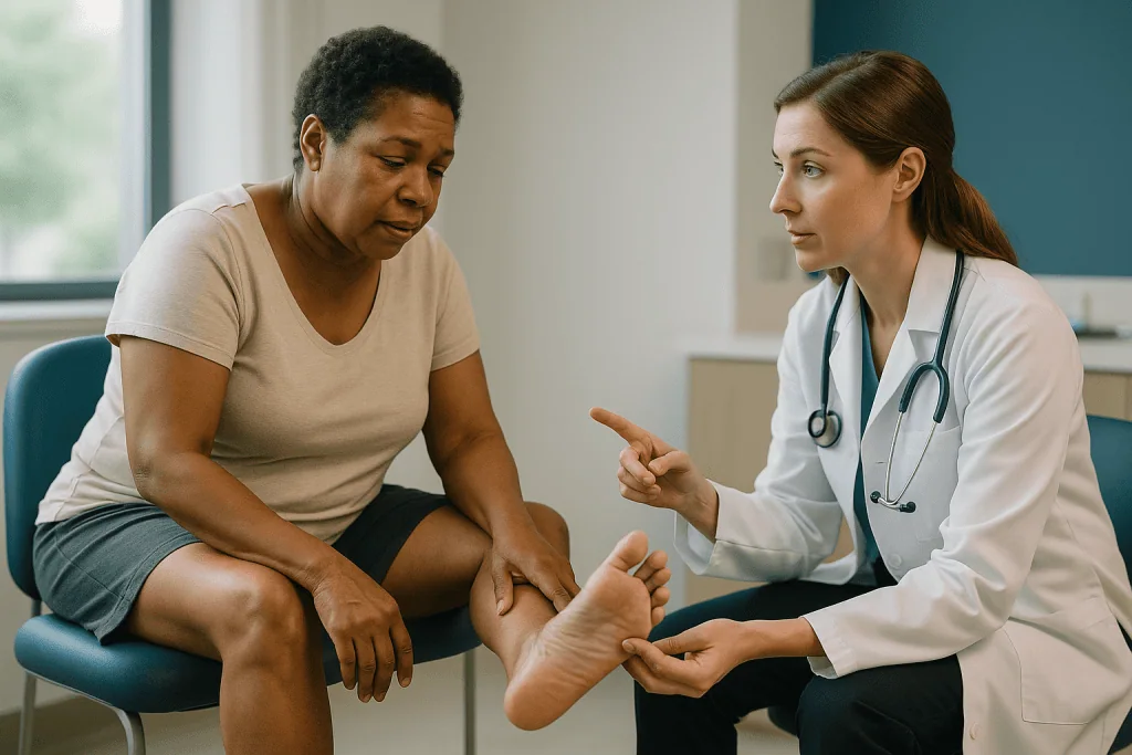 Doctor examining patient's foot during consultation: How rapid weight loss affects the fat pads of the feet