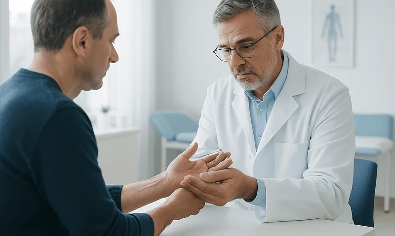 Doctor examining patient's hand in a medical consultation room.