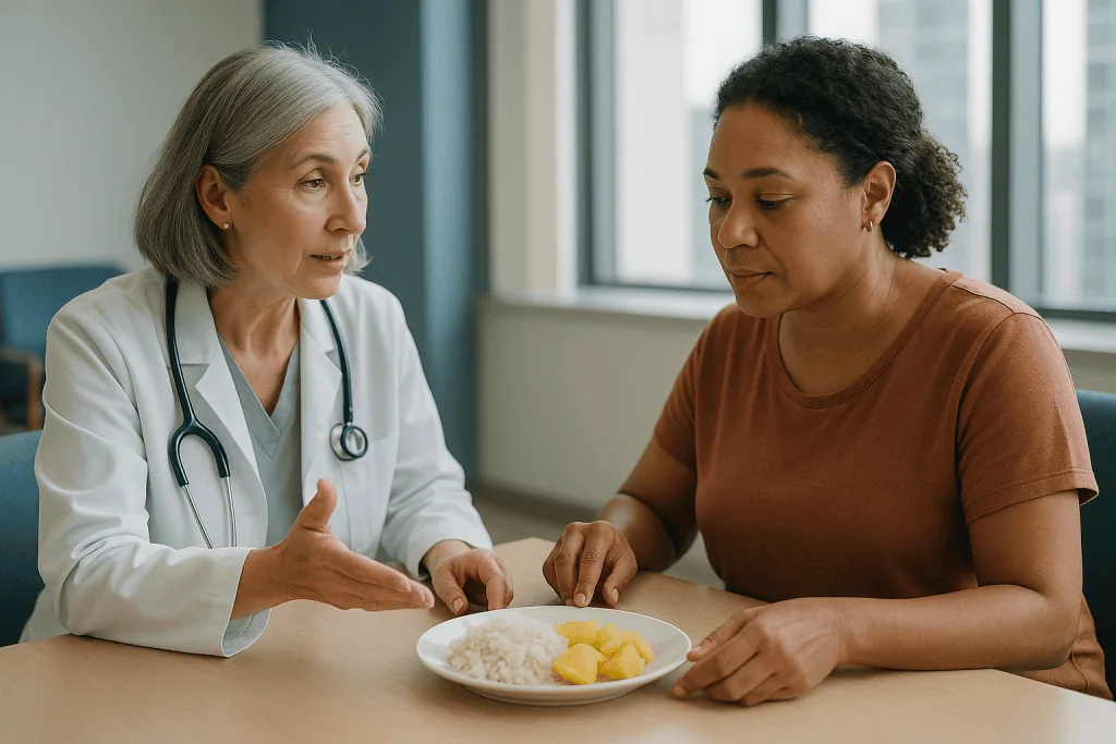 Doctor consulting patient about plate of rice and potatoes: How resistant starch feeds your gut bacteria