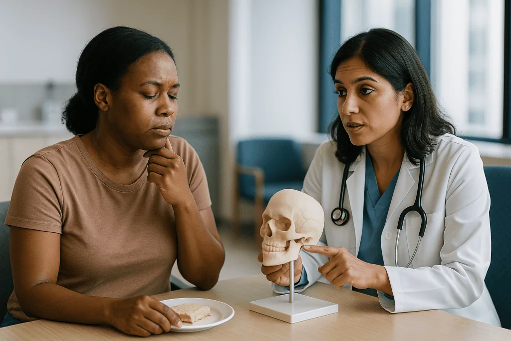 Doctor consulting patient about skull anatomy model: How risky is a genioplasty, honestly?