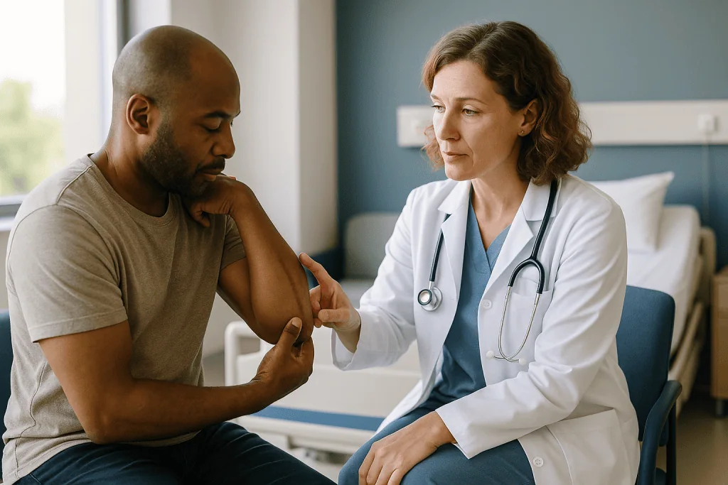Doctor examining patient's arm during consultation: How scar treatment works: what actually happens inside the tissue