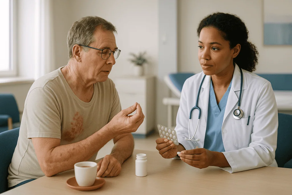 Doctor consulting with older male patient about medication: How shingles antiviral medicines work, and what they cannot do