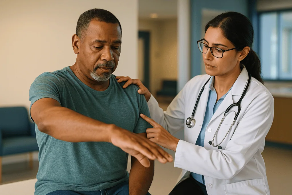 Doctor examining patient's shoulder for injury or pain: How shoulder impingement works: what is happening under the acromion