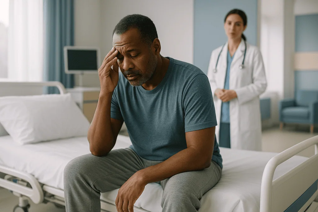 Patient in hospital bed experiencing distress or discomfort: How sleep recharges Body Battery, and why a long night can stil