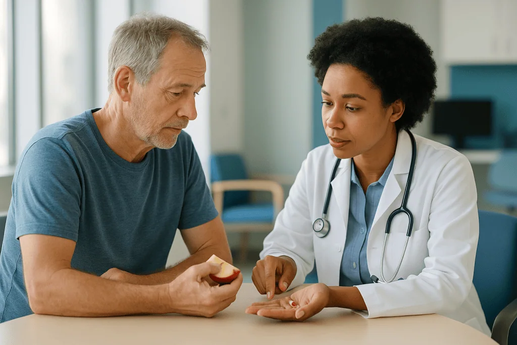 Doctor examining patient's hand during medical consultation: How statins actually work in the body
