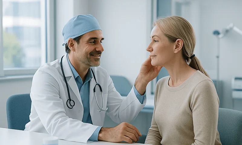Doctor consulting with a female patient in a medical office setting.