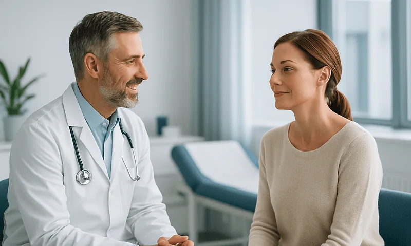 Doctor consulting with a female patient in a modern clinic setting.