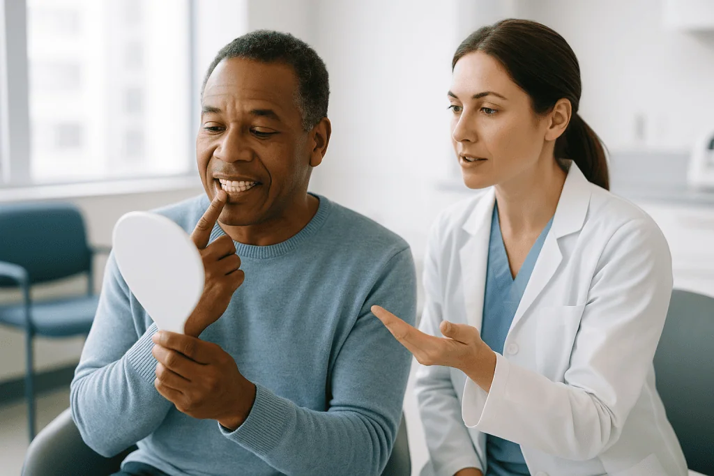 Female dentist consulting male patient about teeth: How teeth whitening actually works, in plain language
