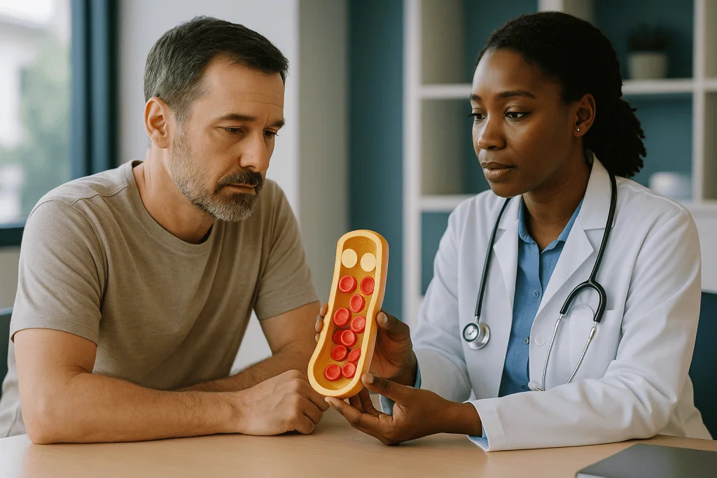Doctor consulting male patient with colorful toy model: How testosterone travels in blood: SHBG, albumin and the free fracti
