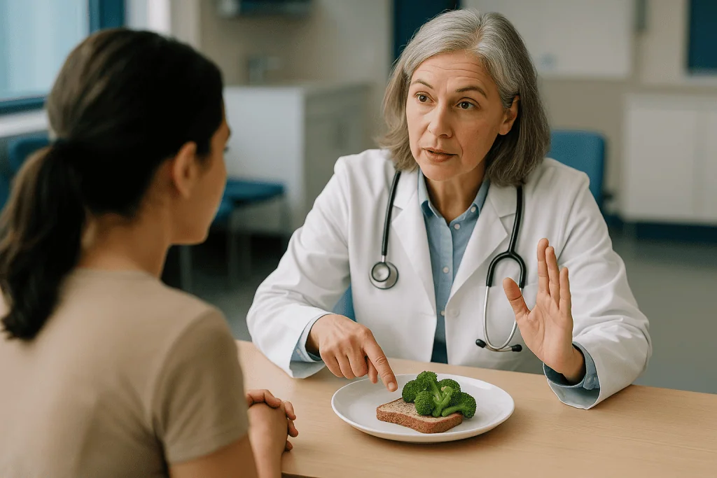 Doctor consulting patient about healthy eating with broccoli: How the gut barrier actually works