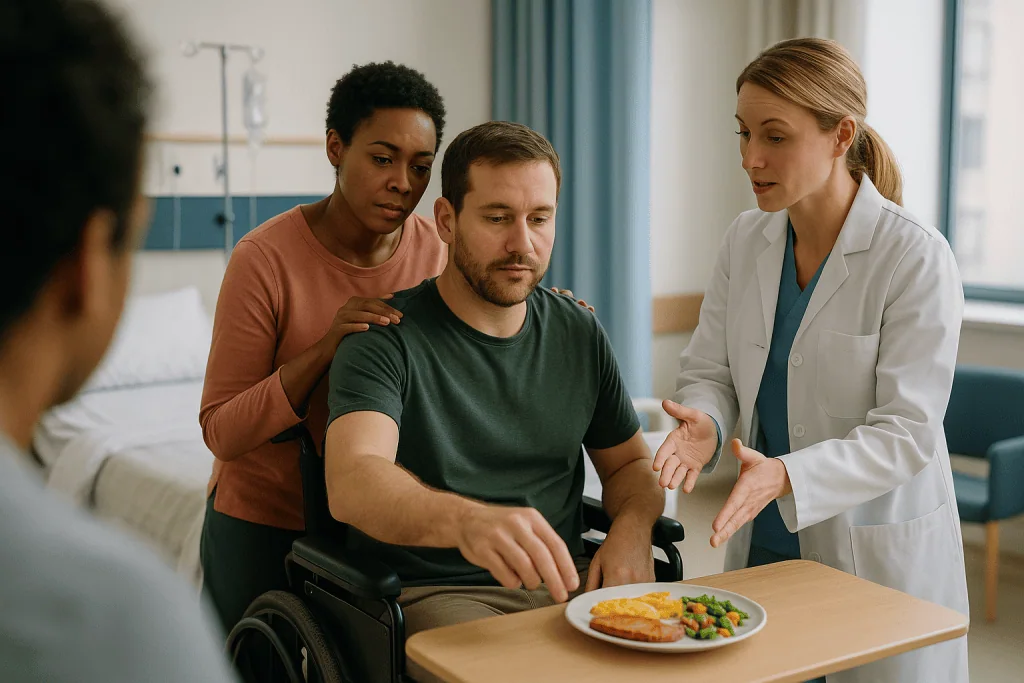 Patient in wheelchair with medical staff and family member: How the level of injury shapes what a family does each day