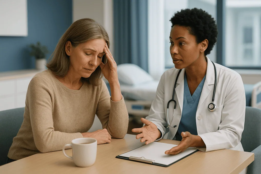 Doctor consulting patient about stress and health concerns: How the stress response works, from first alarm to recovery