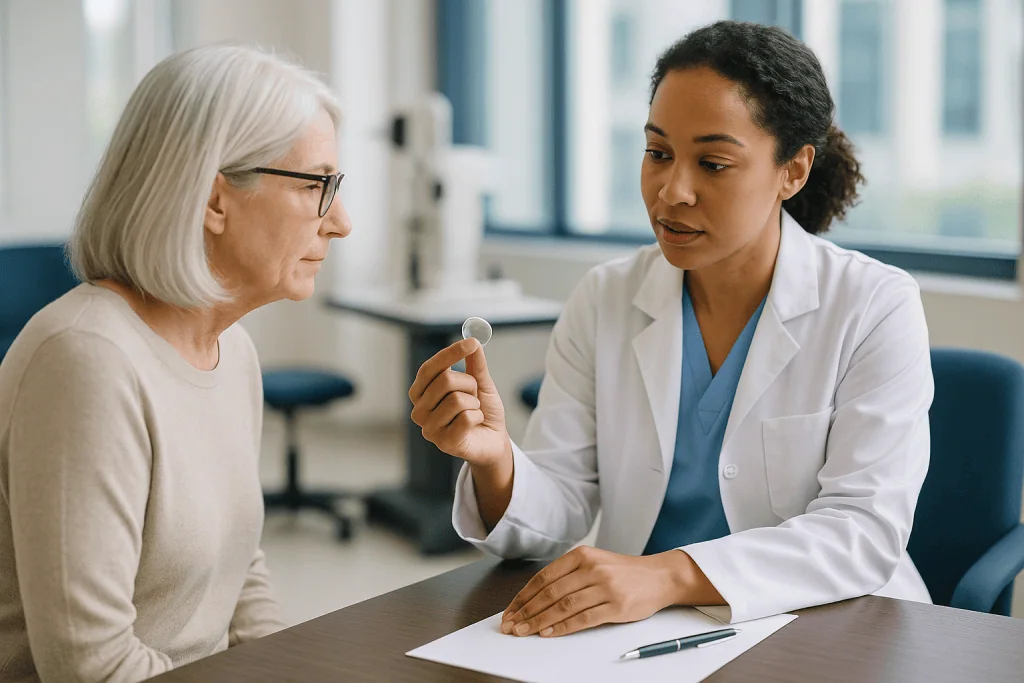 Doctor consulting with older patient in clinical setting: How the surgeon chooses the lens power, and why it is an estimate