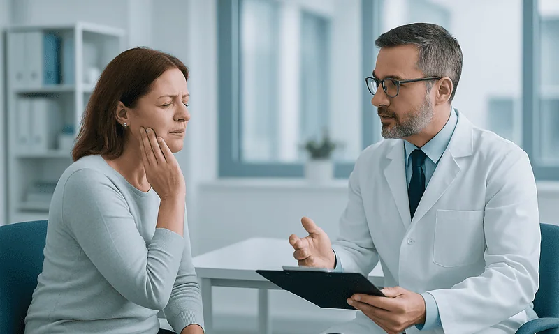Doctor consulting with a woman about TMJ disorder symptoms.