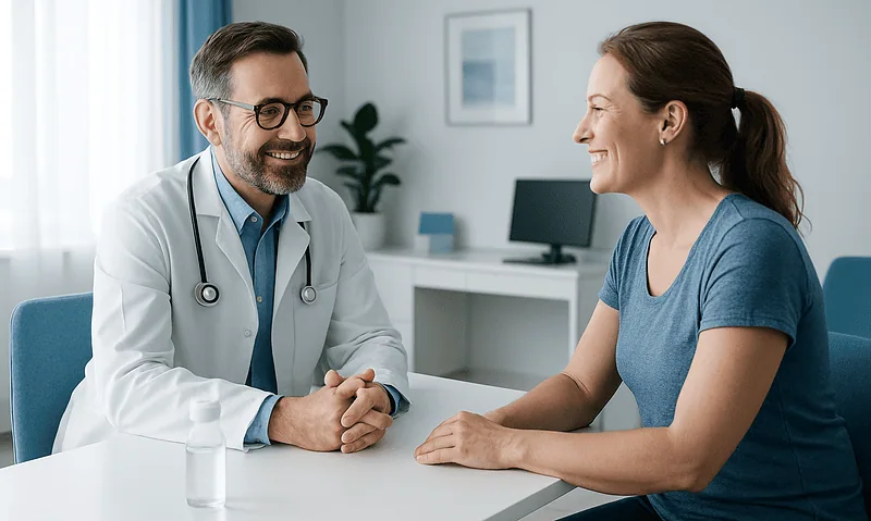 Doctor consulting with a female patient in a modern clinic setting.
