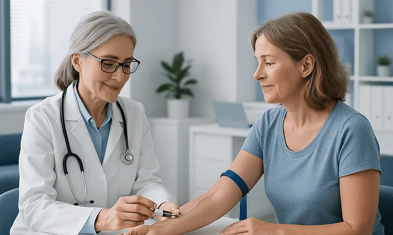 Doctor taking blood sample from a patient in a medical clinic.